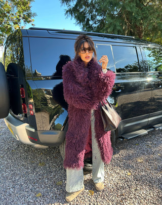 ASPEN Long Faux Mongolian Collared Coat In Burgundy