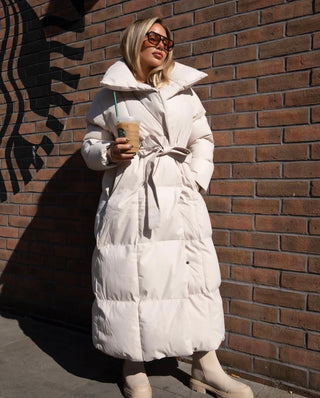 ALPINE Long Padded Tie Waist Duvet Coat In Cream