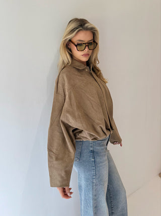 MAPLE Long Sleeved Suede Look Bomber Jacket In Biscuit