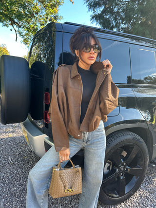 MAPLE Long Sleeved Suede Look Bomber Jacket In Chocolate