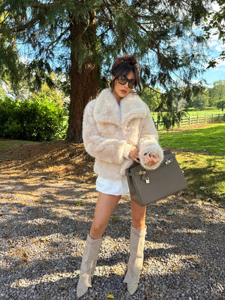 BAMBI Short Faux Fur Long Sleeved Jacket In Biscuit