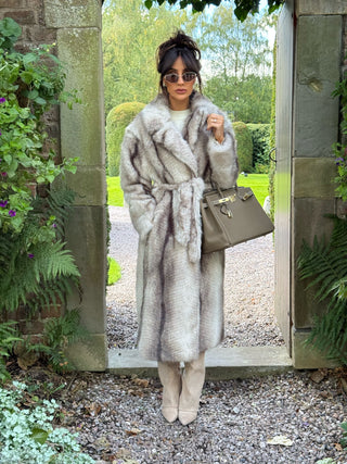PRE ORDER SHIPE WITHIN 2 WEEKS FALLON Longline Faux Fur Coat with Belt in Marble Snow