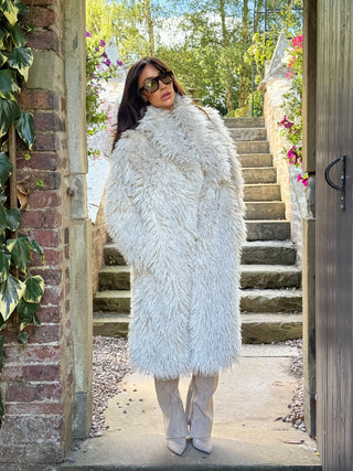 ASPEN Long Faux Mongolian Collared Coat In Biscuit