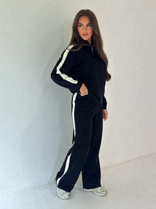MARLIE Knitted Zip Up Jumper & Wide Leg Trouser Loungewear In Black
