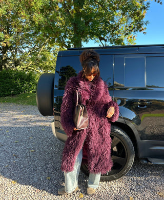 ASPEN Long Faux Mongolian Collared Coat In Burgundy