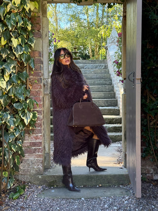 ASPEN Long Faux Mongolian Collared Coat In Chocolate Plum