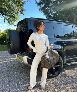 Caramella EVERLY Knitted Button Cardigan & Flared Trouser Lounge Set In Vanilla