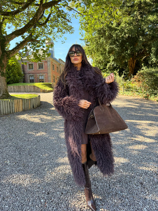 ASPEN Long Faux Mongolian Collared Coat In Chocolate Plum