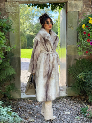 PRE ORDER SHIPE WITHIN 2 WEEKS FALLON Longline Faux Fur Coat with Belt in Marble Snow