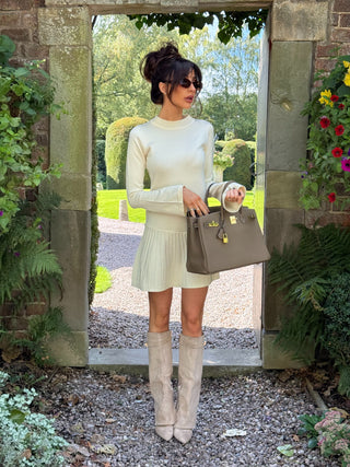 MAEVE Long Sleeved Knit Pleated Mini Jumper Dress In Vanilla