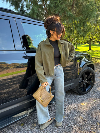 MAPLE Long Sleeved Suede Look Bomber Jacket In Khaki