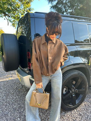 MAPLE Long Sleeved Suede Look Bomber Jacket In Chocolate