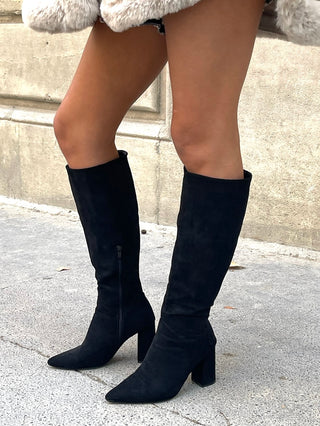 LEONA Knee High Suede Look Block Heel Boots In Black