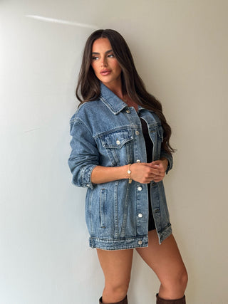 CARLIE Oversized Long Sleeved Button Up Denim Jacket In Blue