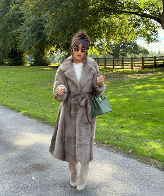 PRE ORDER SHIPS WITHIN 2 WEEKS FALLON Longline Faux Fur Coat with Belt in Mink