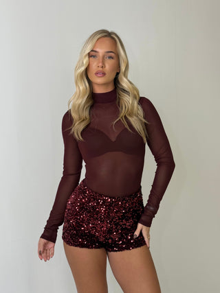 AMAYA High Neck Long Sleeved Mesh Bodysuit In Burgundy