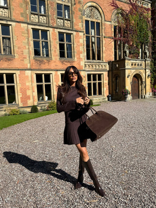 MAEVE Long Sleeved Knit Pleated Mini Jumper Dress In Chocolate