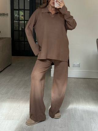 FAWN Knitted Long Sleeve Collared Jumper & Wide Leg Loungeset In Chocolate