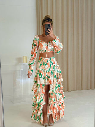 CANNES Ruffle Floral Print Co-ord in Orange
