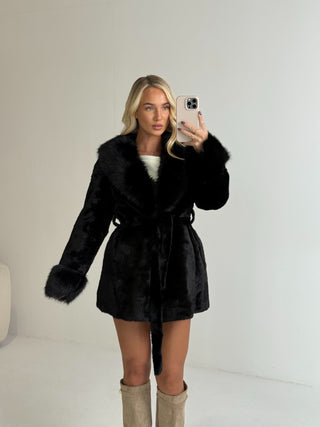 EMBER Faux Fur Collar Detail Tie Waist Coat In Black