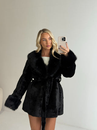 EMBER Faux Fur Collar Detail Tie Waist Coat In Black