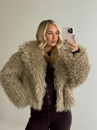 KENDALL Long Sleeved Shaggy Mongolian Cropped Jacket In Biscuit