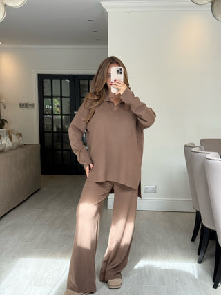 FAWN Knitted Long Sleeve Collared Jumper & Wide Leg Loungeset In Chocolate