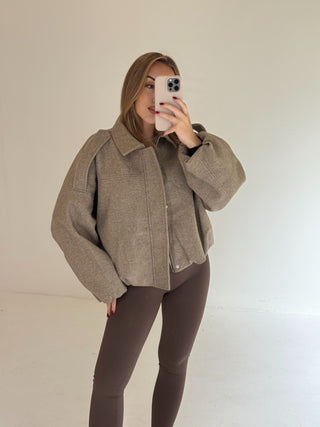 PRE ORDER SHIPS 2 WEEKS BONNIE Wool Look Long Sleeved Zip Up Bomber Jacket In Walnut