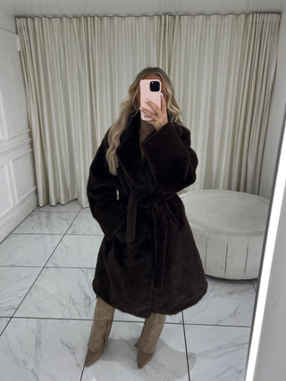 BEAR Faux Fur Long Sleeved Tie Belt Coat In Chocolate