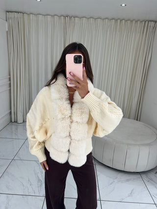 CARLA Knitted Faux Fur Long Sleeved Cardigan Jacket In Cream