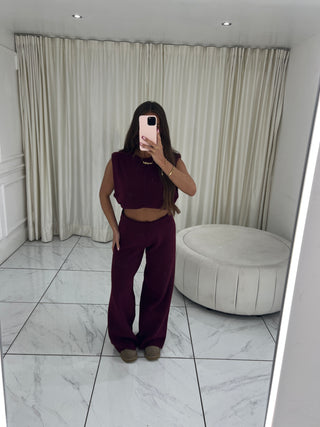 EVIE Knitted Sleeveless Top & High Waisted Wide Leg Lounge Set In Burgundy