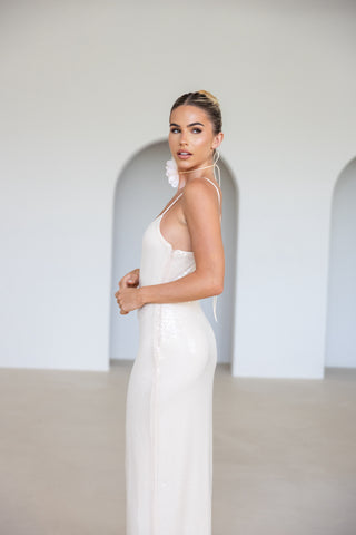 Caramella LARISSA Strappy Sequin Maxi Dress & Corsage Neck Tie In Pearl