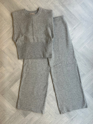 EVIE Knitted Sleeveless Top & High Waisted Wide Leg Lounge Set In Grey