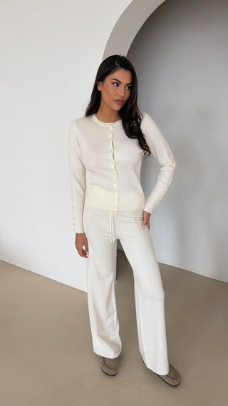 EVERLY Knitted Button Cardigan & Flared Trouser Lounge Set In Vanilla