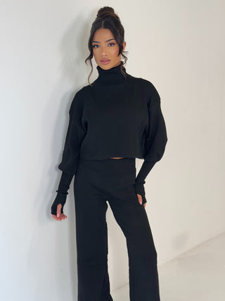 MARLIE Knitted High Neck Jumper and Wide Leg Trouser Lounge Set In Black