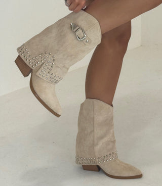 BRODI Cowboy Stud Detail Fold Over Heeled Boots In Beige