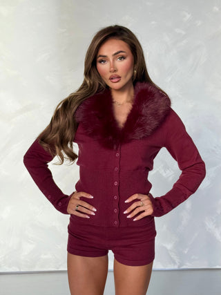 Caramella CINDY Knitted Faux Fur Collared Jumper & Mini Shorts Co-Ord In Burgundy