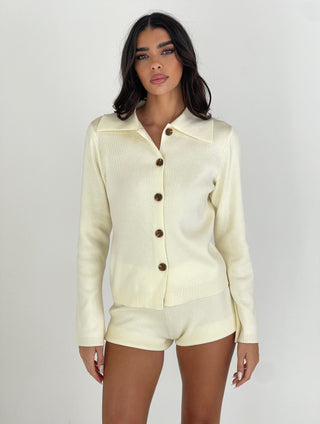 Caramella CAMILLE Knit Button Up Collared Cardigan & Mini Short Co-Ord In Butter Cream