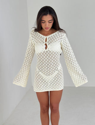 SIENNA Long Sleeved Crochet Beach Mini Dress In Beige