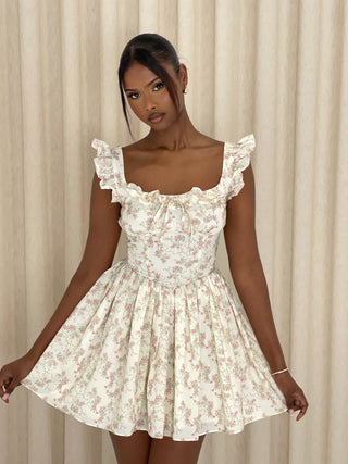 Caramella DAHLIA Floral Printed Cotton Mini Dress in Buttermilk