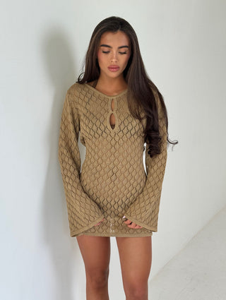 SIENNA Long Sleeved Crochet Beach Mini Dress In Camel