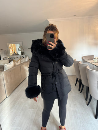 LET IT SNOW Faux Fur Hooded Midi Padded Coat In Black