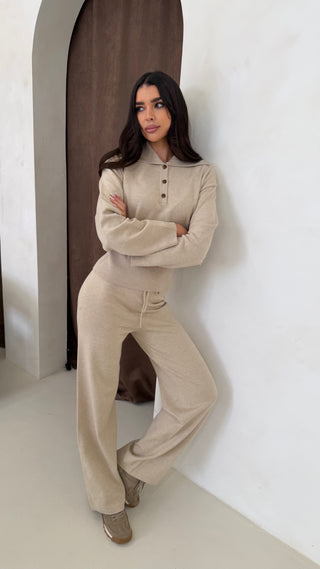 Caramella ALBA Knitted Collar Jumper & Wide Leg Trouser Lounge Set In Oatmeal