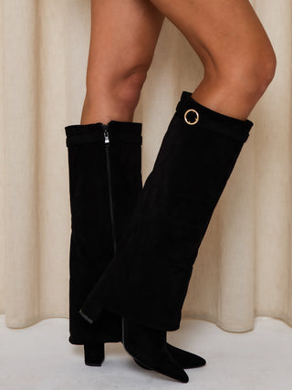 RIDLEY Buckle Detail Knee Fold Over Boots in Black