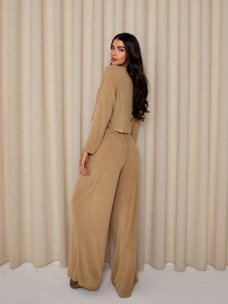 Caramella LENA Ribbed Cardigan Top and Wide-Leg Ribbed Lounge Set in Biscuit