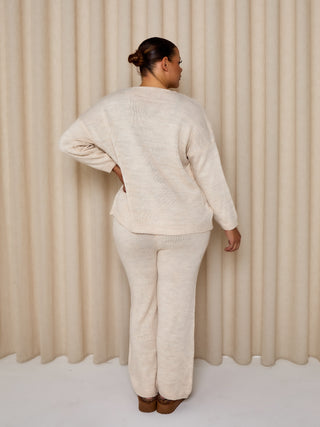 BEAU Bow Detail Knitted Jumper And Trouser Loungewear In Vanilla