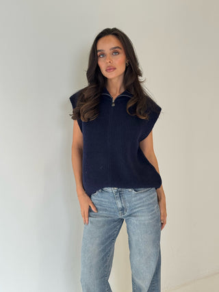 GRACE Sleeveless Zip Up Knitted Collar Gilet In Navy