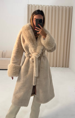 MIMI Faux Fur Long Sleeved Belted Coat in Latte