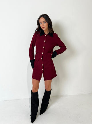 LENORA Long Sleeved Contrast Collar Blazer Dress in  Burgundy