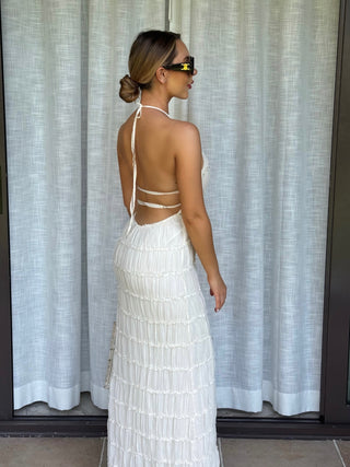 CAPRICE Chiffon Halterneck Tie Back Ruffle Maxi Dress In Beige